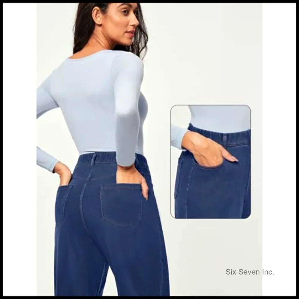Wide Leg Pull On Jeans High Waisted Stretchy Denim Casual Baggy Straight Fit